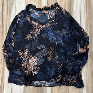 Anthropologie Navy and Copper Floral Blouse